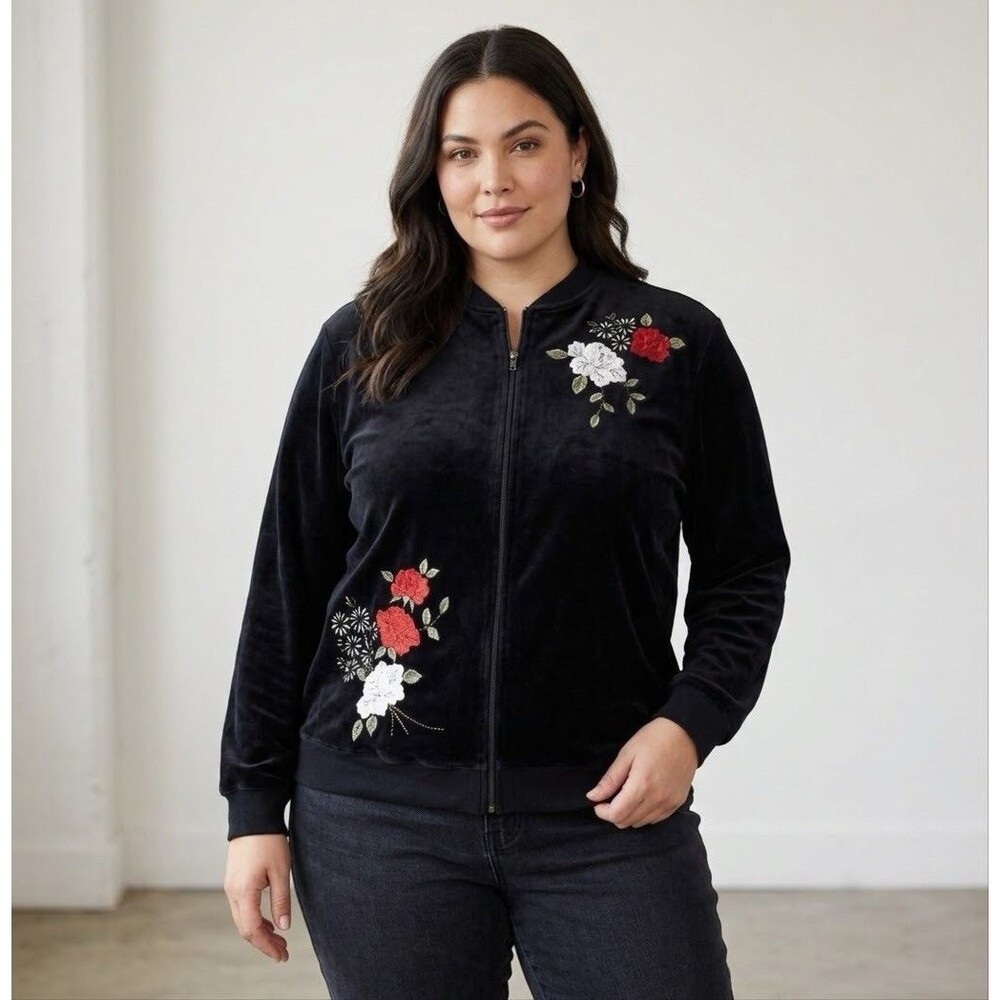 Alfred Dunner Black Velour Jacket Embroidered Floral Rose Bomber Grandmacore